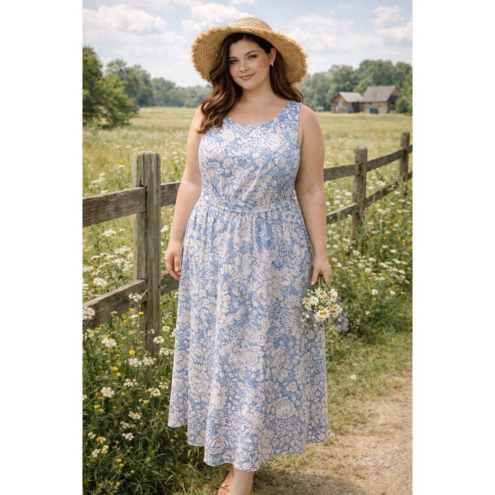 PERCEPTIONS NEW YORK Womens Blue White Floral Lace Sleeveless Midi Dress Size XL